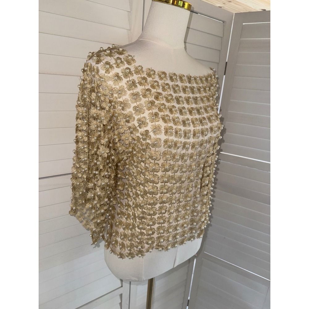 Vintage 1960's Hand-Beaded Faux Pearl and Gold Metallic Floral Top Size M/L - Picture 3 of 6